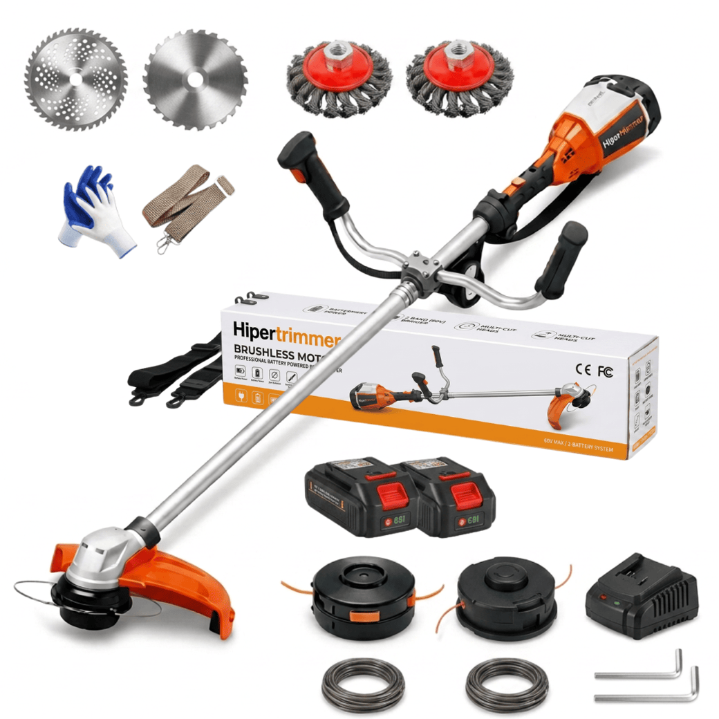 HyperTrimmer 3000 — battery grass trimmer kit with dual battery and interchangeable cutting heads
